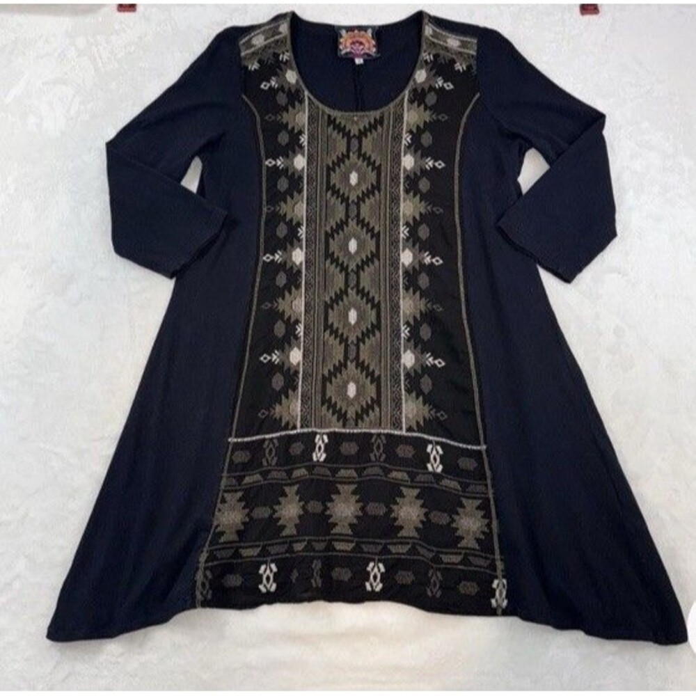 Johnny Was Nomi Aztec Woven Panel  3/4 Sleeve Easy Tunic Embroidered Boho Vegan